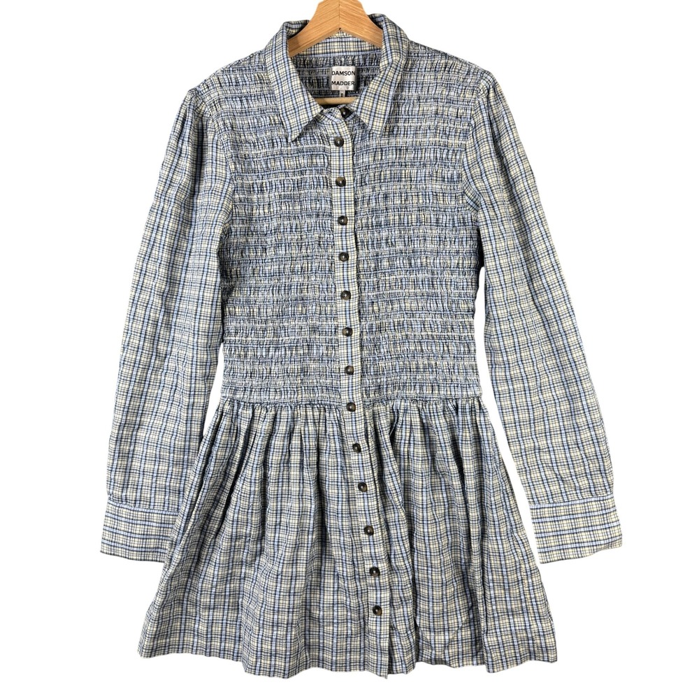 Damson Madder Hattie Blue Yellow Plaid Smocked Organic Cotton Mini Dress 14